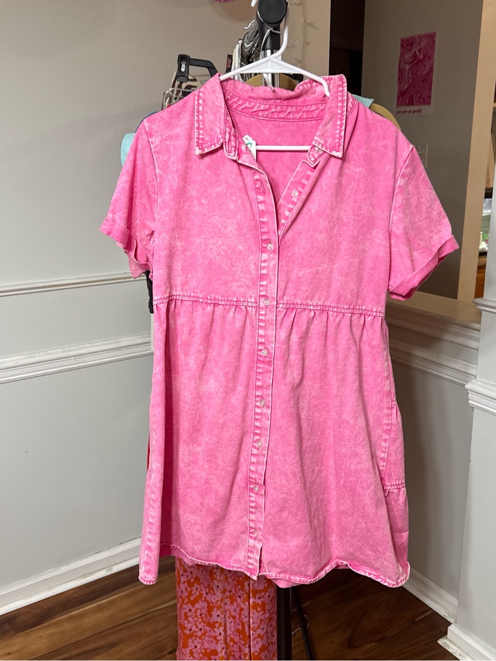 Amazon Hot Pink Washed Button-Front Mini Dress